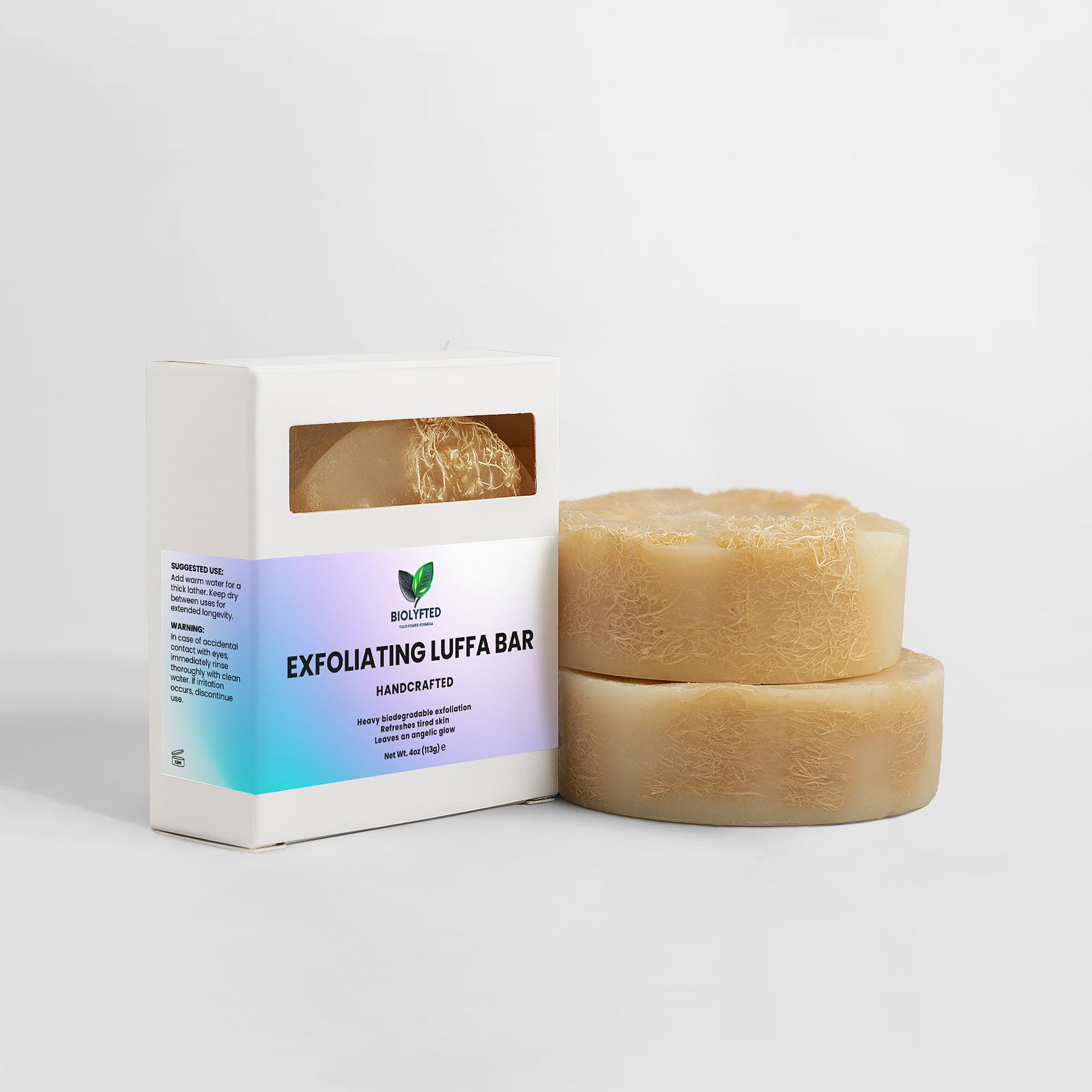 Exfoliating Luffa Bar with packaging on a white background