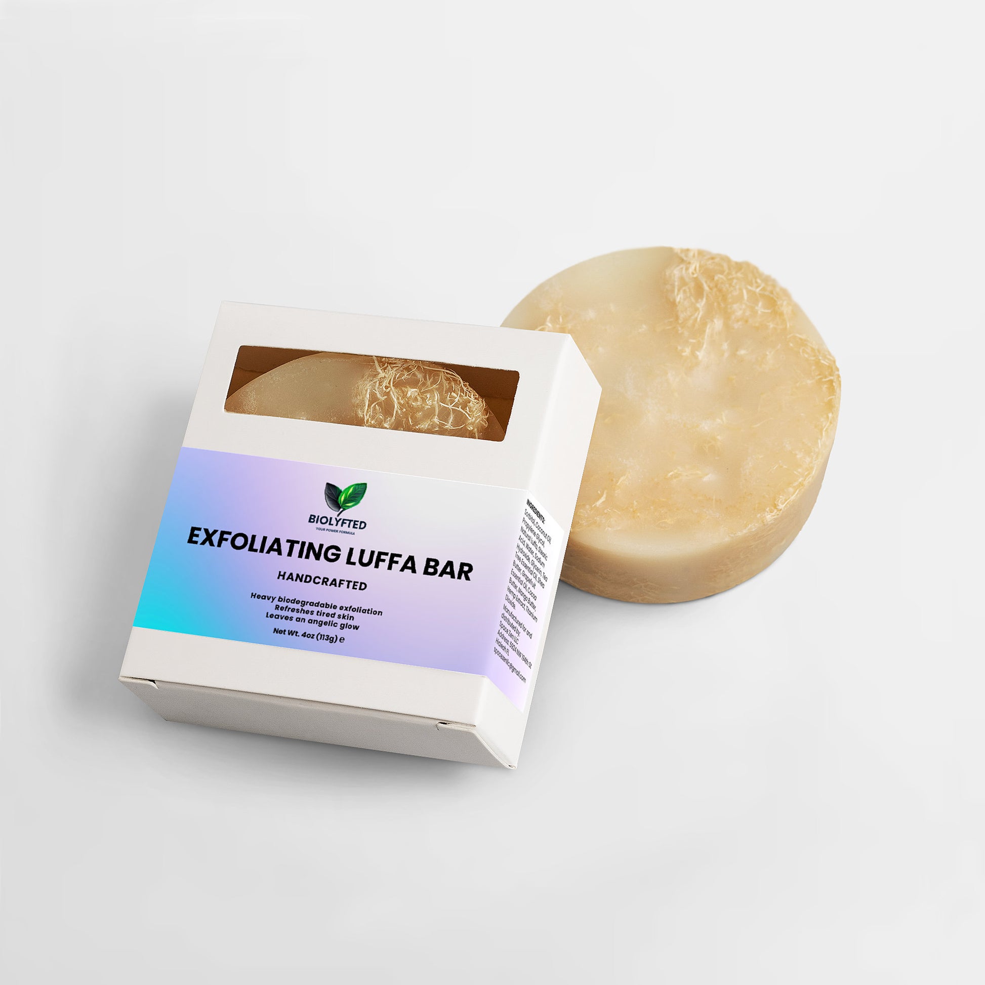 Exfoliating Luffa Bar with packaging on a light gray background