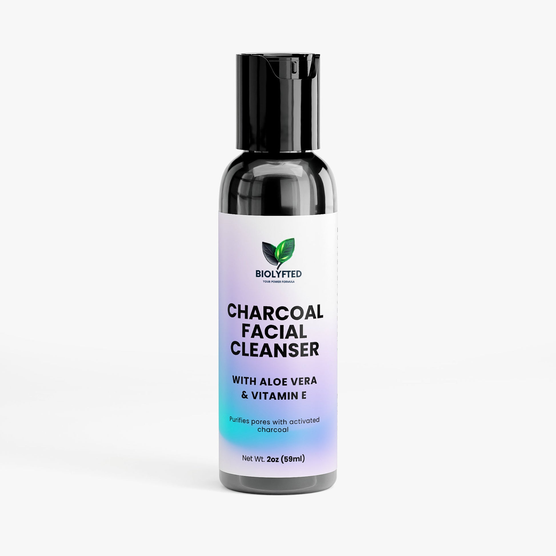 Bottle of BIOLYFTED Charcoal Facial Cleanser with Aloe Vera & Vitamin E on a white background